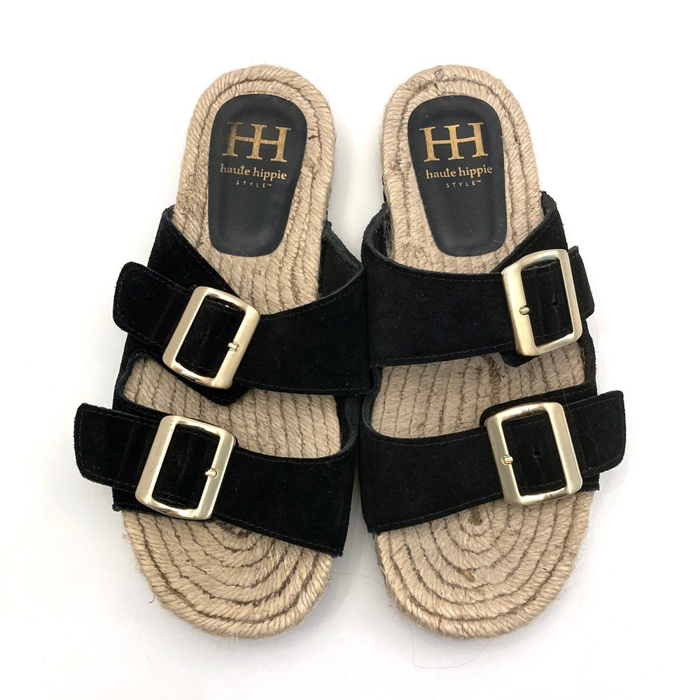 Haute Hippie Nikki Sandals Black Suede Leather Espadrille Womens 8 M Buckle Shoe